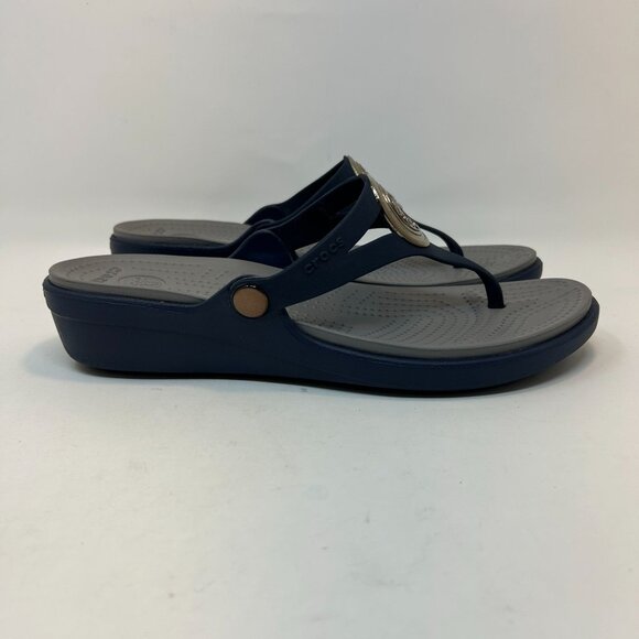 Crocs Sanrah Circle Slide Wedge Flip Sandal Women's 10 Navy Blue Gray - Picture 3 of 9